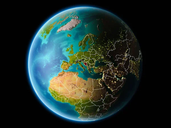 Bosna ve Hersek ile son derece detaylı yüzey dokuları görünür kenarlık çizgisi ve şehir ışıkları ile gece Dünya gezegeninin yörüngeden. 3D çizim. Nasa tarafından döşenmiş bu görüntü unsurları.