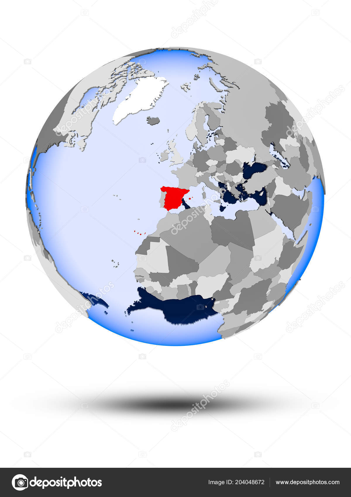 西班牙在政治地球上与阴影和半透明的海洋隔绝在白色背景 图库照片 C Tom Griger