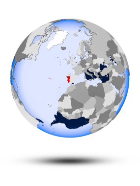 Portekiz gölge ve yarı saydam okyanus beyaz arka plan üzerinde izole ile siyasi dünya üzerinde. 3D çizim.