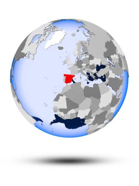 İspanya ile gölge ve yarı saydam okyanus beyaz arka plan üzerinde izole siyasi dünya üzerinde. 3D çizim.