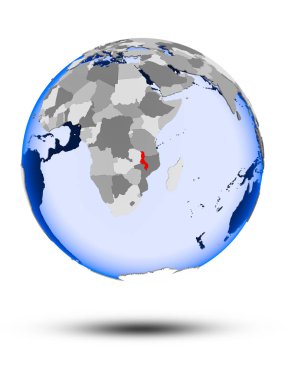 Malavi gölge ve yarı saydam okyanus beyaz arka plan üzerinde izole ile siyasi dünya üzerinde. 3D çizim.