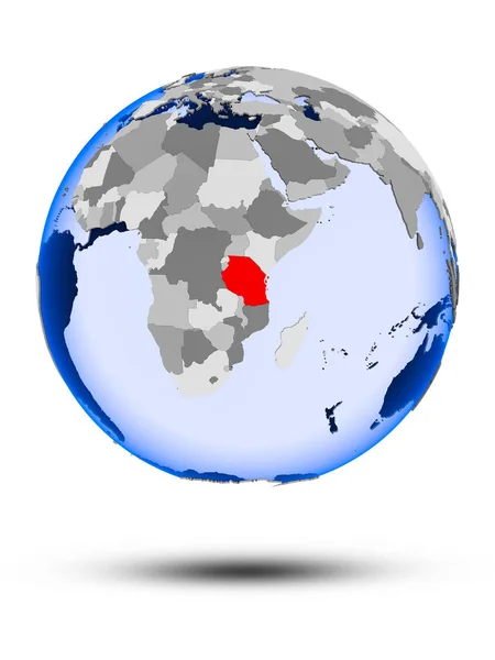 Tanzania Globo Político Con Sombra Océanos Translúcidos Aislados Sobre Fondo —  Fotos de Stock