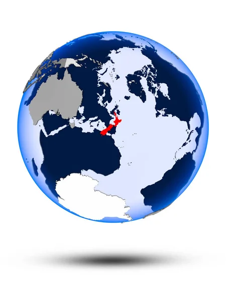 Новая Зеландия Политическом Глобусе Тенью Прозрачными Океанами Изолированными Белом Фоне — стоковое фото