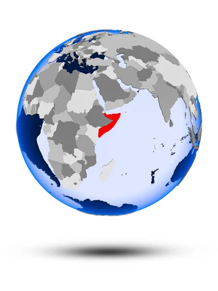 Сомали Политическом Глобусе Тенью Прозрачными Океанами Изолированы Белом Фоне Иллюстрация — стоковое фото