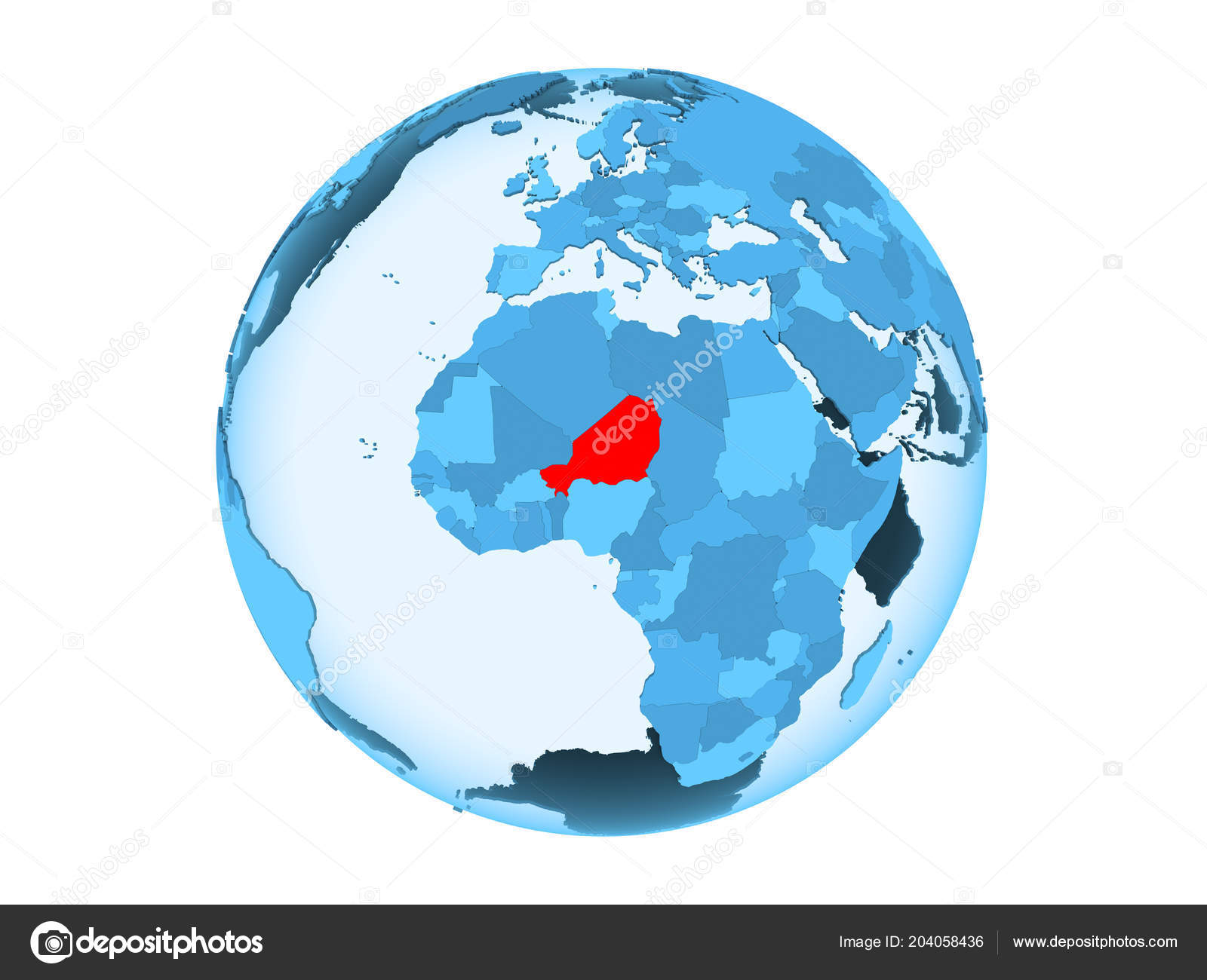 尼日尔以红色在蓝色的政治地球上突出显示了透明的海洋在白色背景上隔离的插图 图库照片 C Tom Griger