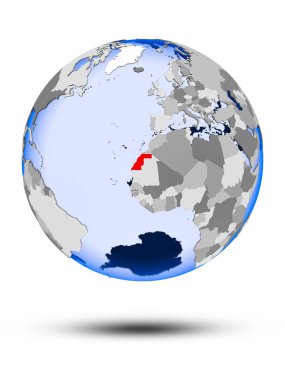 Batı Sahra gölge ve yarı saydam okyanus beyaz arka plan üzerinde izole ile siyasi dünya üzerinde. 3D çizim.