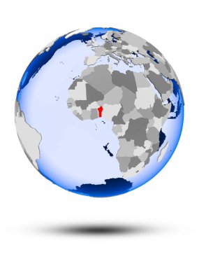 Benin gölge ve yarı saydam okyanus beyaz arka plan üzerinde izole ile siyasi dünya üzerinde. 3D çizim.