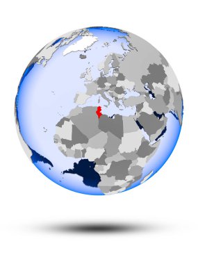 Tunus gölge ve yarı saydam okyanus beyaz arka plan üzerinde izole ile siyasi dünya üzerinde. 3D çizim.