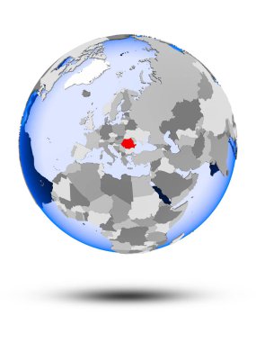 Romanya gölge ve yarı saydam okyanus beyaz arka plan üzerinde izole ile siyasi dünya üzerinde. 3D çizim.