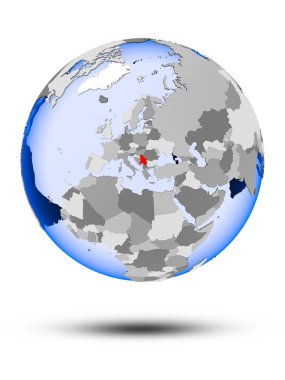 Sırbistan ile gölge ve yarı saydam okyanus beyaz arka plan üzerinde izole siyasi dünya üzerinde. 3D çizim.
