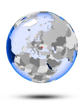 Moldova gölge ve yarı saydam okyanus beyaz arka plan üzerinde izole ile siyasi dünya üzerinde. 3D çizim.
