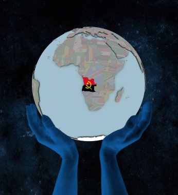 Angola bayrağı elinde uzayda dünya üzerinde. 3D çizim.