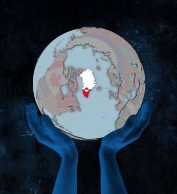 Grönland Globe uzayda elinde bayrakla. 3D çizim.