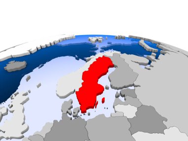 İsveç kırmızı şeffaf okyanuslar ile siyasi dünya üzerinde vurgulanır. 3D çizim.