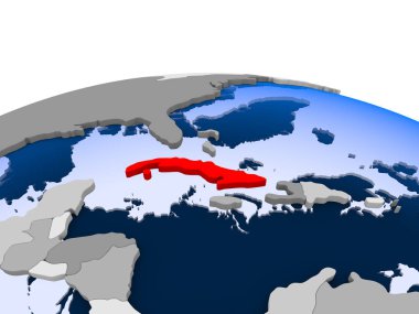 Küba kırmızı şeffaf okyanuslar ile siyasi dünya üzerinde vurgulanır. 3D çizim.