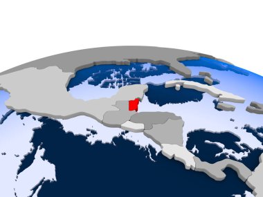 Belize kırmızı şeffaf okyanuslar ile siyasi dünya üzerinde vurgulanır. 3D çizim.
