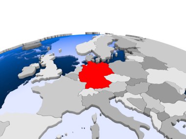 Almanya kırmızı şeffaf okyanuslar ile siyasi dünya üzerinde vurgulanır. 3D çizim.