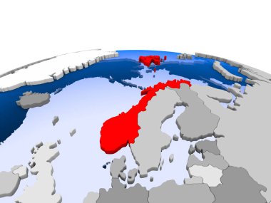 Norveç kırmızı şeffaf okyanuslar ile siyasi dünya üzerinde vurgulanır. 3D çizim.