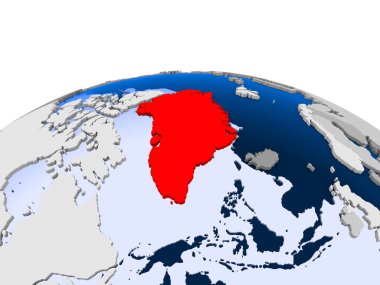 Grönland kırmızı şeffaf okyanuslar ile siyasi dünya üzerinde vurgulanır. 3D çizim.