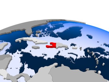 Haiti kırmızı şeffaf okyanuslar ile siyasi dünya üzerinde vurgulanır. 3D çizim.