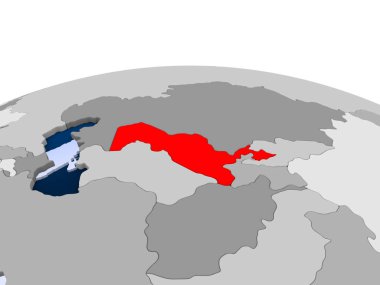 Özbekistan kırmızı şeffaf okyanuslar ile siyasi dünya üzerinde vurgulanır. 3D çizim.