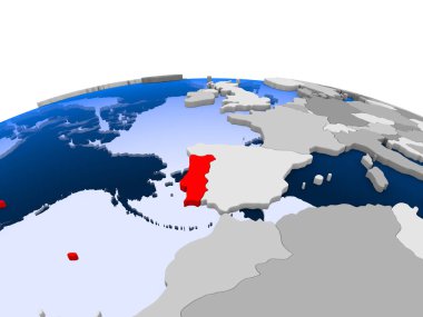 Portekiz kırmızı şeffaf okyanuslar ile siyasi dünya üzerinde vurgulanır. 3D çizim.