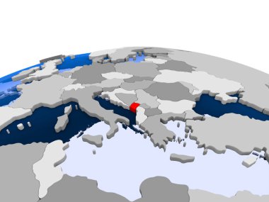 Karadağ kırmızı şeffaf okyanuslar ile siyasi dünya üzerinde vurgulanır. 3D çizim.