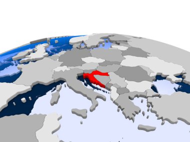 Hırvatistan kırmızı şeffaf okyanuslar ile siyasi dünya üzerinde vurgulanır. 3D çizim.