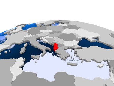 Arnavutluk kırmızı şeffaf okyanuslar ile siyasi dünya üzerinde vurgulanır. 3D çizim.