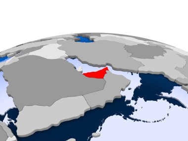 Birleşik Arap Emirlikleri kırmızı şeffaf okyanuslar ile siyasi dünya üzerinde vurgulanır. 3D çizim.