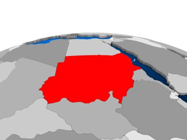 Sudan kırmızı şeffaf okyanuslar ile siyasi dünya üzerinde vurgulanır. 3D çizim.
