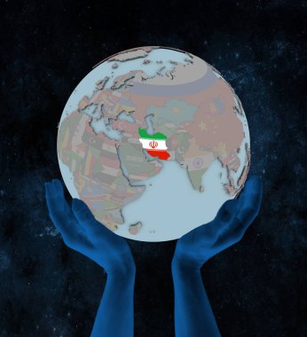 Iran bayrağı elinde uzayda dünya üzerinde. 3D çizim.
