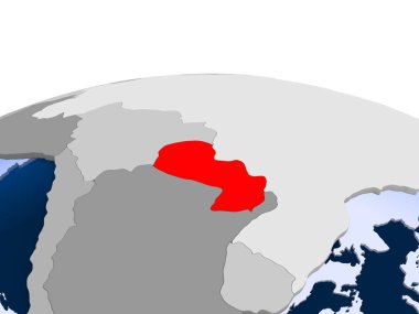 Paraguay kırmızı şeffaf okyanuslar ile siyasi dünya üzerinde vurgulanır. 3D çizim.