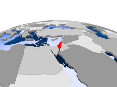 İsrail kırmızı şeffaf okyanuslar ile siyasi dünya üzerinde vurgulanır. 3D çizim.