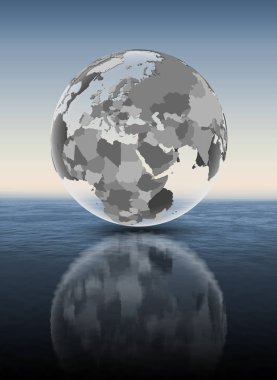 Lübnan bayrağı su üstünde yarı saydam küre ile. 3D çizim.