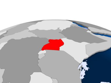 Uganda kırmızı şeffaf okyanuslar ile siyasi dünya üzerinde vurgulanır. 3D çizim.