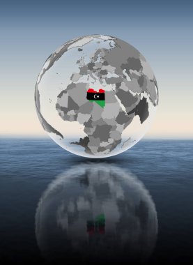 Libya bayrağı su üstünde yarı saydam küre ile. 3D çizim.