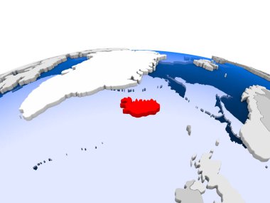 İzlanda kırmızı şeffaf okyanuslar ile siyasi dünya üzerinde vurgulanır. 3D çizim.