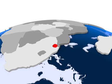 Svaziland kırmızı şeffaf okyanuslar ile siyasi dünya üzerinde vurgulanır. 3D çizim.