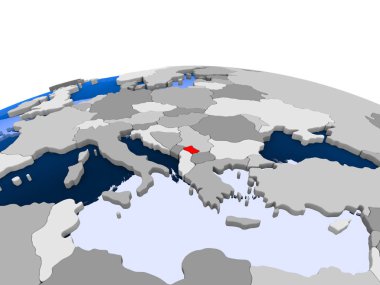 Kosova kırmızı şeffaf okyanuslar ile siyasi dünya üzerinde vurgulanır. 3D çizim.