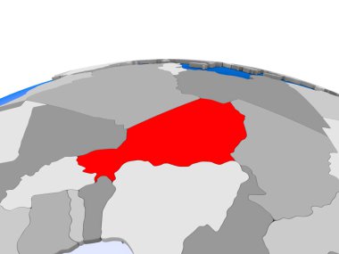 Nijer kırmızı şeffaf okyanuslar ile siyasi dünya üzerinde vurgulanır. 3D çizim.