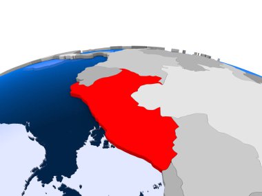 Peru kırmızı şeffaf okyanuslar ile siyasi dünya üzerinde vurgulanır. 3D çizim.