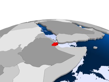 Cibuti kırmızı şeffaf okyanuslar ile siyasi dünya üzerinde vurgulanır. 3D çizim.