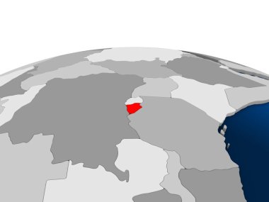 Burundi kırmızı şeffaf okyanuslar ile siyasi dünya üzerinde vurgulanır. 3D çizim.