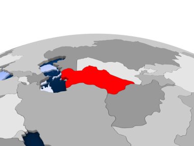 Türkmenistan kırmızı şeffaf okyanuslar ile siyasi dünya üzerinde vurgulanır. 3D çizim.