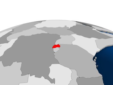 Ruanda kırmızı şeffaf okyanuslar ile siyasi dünya üzerinde vurgulanır. 3D çizim.