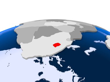 Lesotho kırmızı şeffaf okyanuslar ile siyasi dünya üzerinde vurgulanır. 3D çizim.
