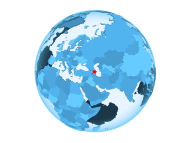 Azerbaycan kırmızı şeffaf okyanuslar ile mavi siyasi dünya üzerinde vurgulanır. 3d illüstrasyon izole beyaz arka plan üzerinde.