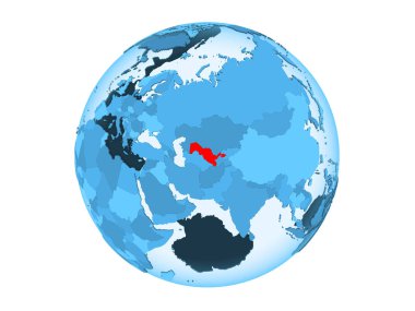 Özbekistan kırmızı şeffaf okyanuslar ile mavi siyasi dünya üzerinde vurgulanır. 3d illüstrasyon izole beyaz arka plan üzerinde.