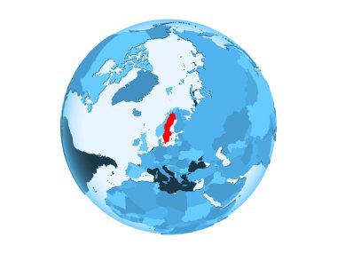 İsveç kırmızı şeffaf okyanuslar ile mavi siyasi dünya üzerinde vurgulanır. 3d illüstrasyon izole beyaz arka plan üzerinde.